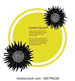 a vector template with sunflower; a hand drawn illustration; a floral banner; a cartoon doodle flower card; a round frame or foliage