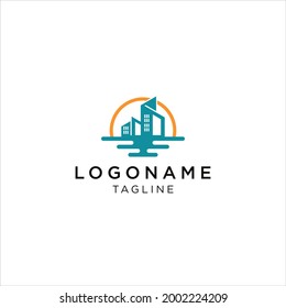 Vector template of sunset city and beach scenery logo.