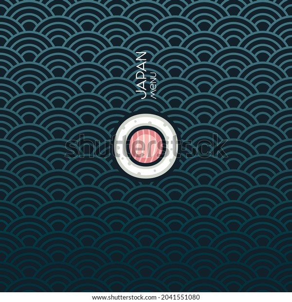 Vector Template for sushi bar\
logo. Sushi Roll with salmon on traditional ornament. Menu\
design.