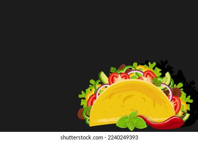 Vector template of taco menu with Mexican cuisine restaurant dishes. Corn tortillas stuffed with meat, vegetables with chili pepper or red jalapeno, green lettuce leaves and tomato salsa.