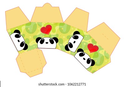 Vector Template Takeout Chinese Food Container Box Concept Panda Love Heart Design with die cut lines set on a white background