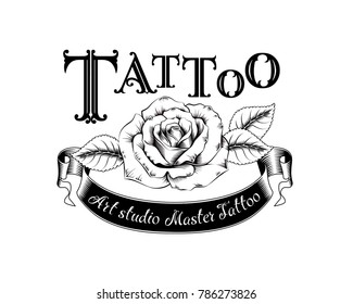 Vector template tattoo studio black logo on white background. Cool retro style emblem. Tattoo studio sign.