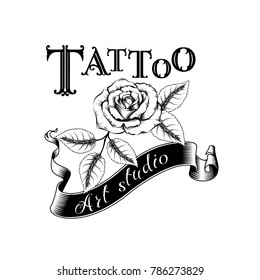 Vector template tattoo studio black logo on white background. Cool retro style emblem. Tattoo studio sign.
