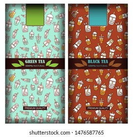 Vector template for tea packages, plastic pack, labels, stickers. Volumetric rectangle pattern for black, green tea design. Cute background with cups, boba tea glass, water bottles. Choco, mint colors