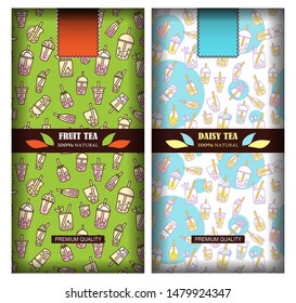 Vector template for tea packages, plastic pack, labels, stickers. Volumetric rectangle pattern for fruit, daisy tea design. Cute background with cups, boba tea glass, water bottles. Green, white color