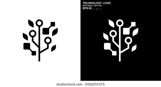 Plantilla vectorial de logotipo de árbol de tecnología, hoja, circuito, tecnología, corriente eléctrica, EPS 10