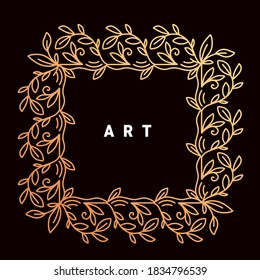 Plantilla vectorial con arte de texto y marco de adorno floral de color dorado sobre fondo oscuro