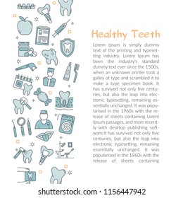 Vector template with text HEALTY TEETH and with linear icons of dental dental equipment on white background. Dentist, dentures, medicine, seals