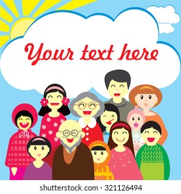 Vector template for text  with the image of a crowd of people of different ages in colorful clothes 