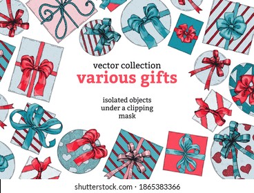 Vector template for text with many different gifts. Hand-drawn sketches of colored holiday boxes with bows and ribbons. Vintage style engraving. Isolated objects under clipping mask. Top view