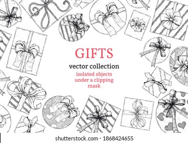 Vector template for text with many different gifts. Hand-drawn sketches of colored holiday boxes with bows and ribbons. Vintage style engraving. Isolated objects under clipping mask. Top view