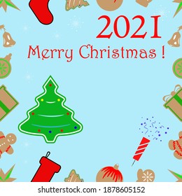 Vector template for text with many different gifts and figures in the form of cookies. Hand-drawn sketches of a colorful Christmas tree and fireworks. Isolated objects under the clipping mask.
