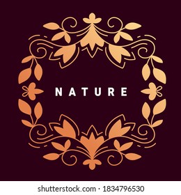 Vector template with text nature and golden color floral ornament frame on dark background