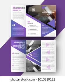 vector template of a three-fold brochure with a place for a photo, and triangular purple elements. Design of a folding universal flyer with a quote for business, printing and advertising.