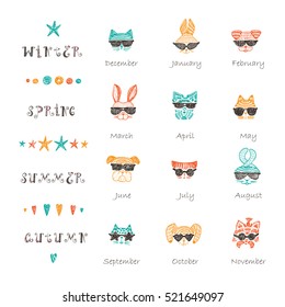 Vector template. Times of year. Four seasons and months, the template for creating a calendar with Doodle Cute Stylish Trendy Hipster Cats, Rabbits and Dogs with Sunglasses