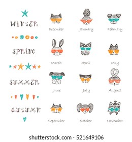 Vector template. Times of year. Four seasons and months, the template for creating a calendar with Doodle Cute Stylish Trendy Hipster Cats, Rabbits and Dogs with Sunglasses