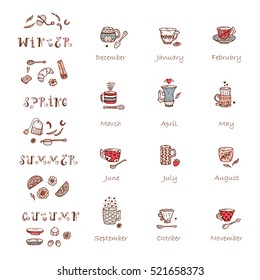 Vector template. Times of year. Four seasons and months, the template for creating a calendar with Doodle Coffee or Tea Cups and Different additives for tea drinking