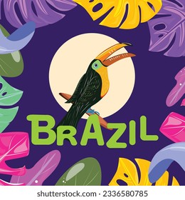 Vector template with a toucan and tropical leaves. Exotic Brazil, tropical toucan in rain forest.