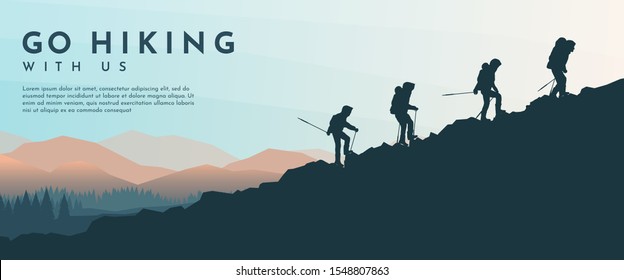 Vector template with tourists. Travel concept of discovering, exploring and observing nature. Hiking. Travelers climb with backpack and travel walking sticks. Website background. Flat landscape