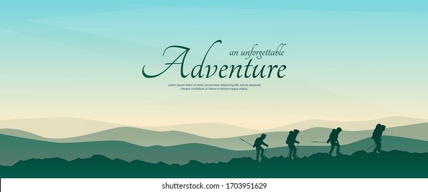 Vector template with tourists. Travel concept of discovering, exploring and observing nature. Hiking. Travelers hike with backpack and travel walking sticks. Website background. Flat landscape