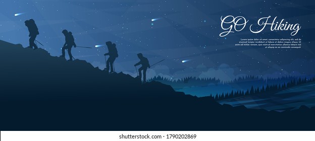 Vector template with tourists. Travel concept of discovering, exploring and observing nature. Hiking. Travelers climb with backpack and travel walking sticks. Night scene. Flat landscape