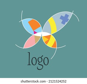 Vector template for a trademark in the form of a butterfly composed of multi-colored geometric symbols 