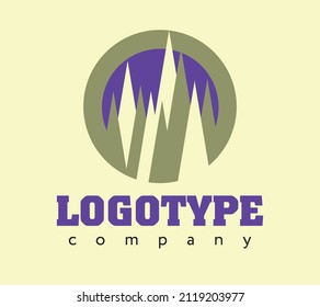 Plantilla vectorial para una marca comercial con la imagen de un paisaje montañoso contra el cielo sobre el tema del turismo y la aventura 