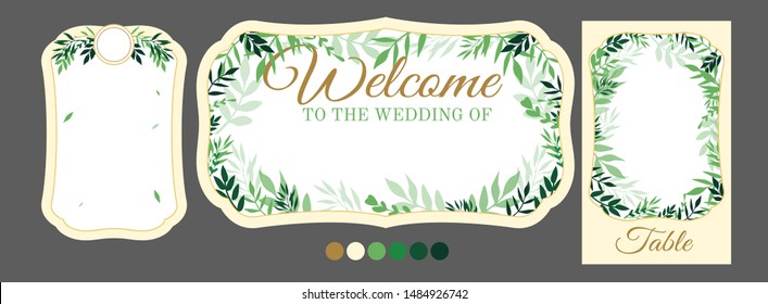 Vector template with tree leaves for personalised wedding signs. Simple empty frame for invitation text, menu, table number, guest sitting list. Printable DIY paper cut. Place for name of groom bride