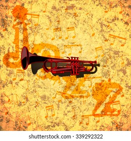 Vector template trumpet on the texture background with music notes, cut-out circuit.It can be used as a poster, advertising or separately.