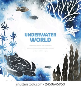 Vector template with turtle, fish, starfish and seaweed on white background. Watercolor illustration with underwater nature and marine wildlife. Design for flyer, list, ad, banner, invitation