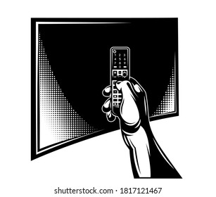 Vector template with tv and remote control on hand. Monochrome vector illustration.