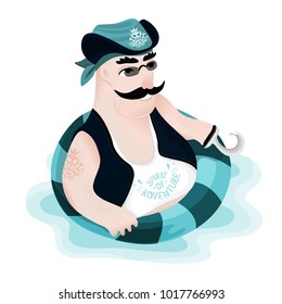 Vector template of a typographic inspirational card, a poster with hand drawn quote:
spirit of adventure.A cartoon male pirate in a hat with a skull and a hook floats on the life ring.