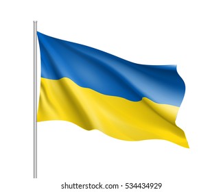 Vector template of Ukraine flag on metallic pole. Waving flag of Ukrainian on flagstaff- country symbol. Isolated illustration on white background. 3d icons with blue and yellow colors.