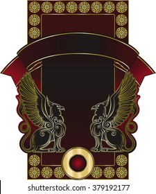 Vector template of unique richly decorated cognac or wine label with two griffins and banner on it.