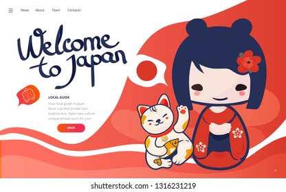 Vector template for Vacation in Japan promotion or poster. Holydays in Japan landing page wireframe or japanese tour banner with kokeshi doll and lucky cat.