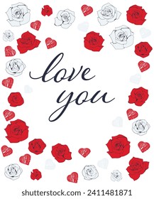  Vector template for Valentine's Day card. Red and gray roses on a white background with space for your text.