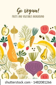 Vector template with vegetables and fruit. Vegan concept. Elements for design for cover, card, poster, flyer, label and other users.