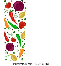 Vector template with vegetables: tomato, carrot, peppers, onion and leaves. Design menu card for vegetarians, vegan shop. EPS10