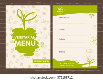 Vector template of a vegetarian menu for a cafe, restaurant, bar. Healthy food. Hand-drawn design elements for the vegetarian menu.