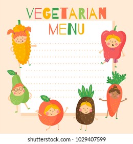 vector template of a vegetarian menu, funny kids wearing vegetables and fruit costume