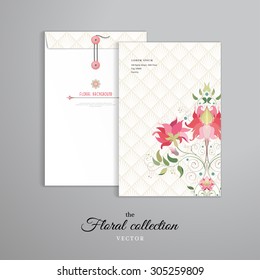 Vector template. Vertical big envelope with buttons. Beautiful floral pattern. Delicate ornament. 