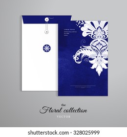 Vector template. Vertical big envelope with buttons. Damask oriental pattern. Blue watercolor backdrop.