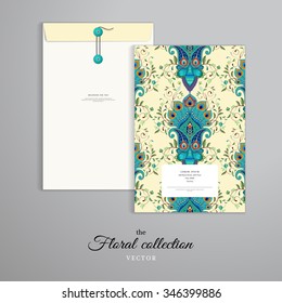 Vector template. Vertical big envelope with buttons. Eastern paisley flower with peacock feathers elements.