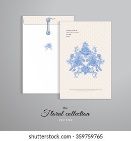 Vector template. Vertical big envelope with buttons. Bouquet of french roses in vintage style. Polka dots backdrop. 