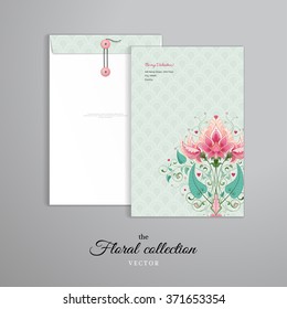 Vector template. Vertical big envelope with buttons. Fantasy floral background. Delicate ornament on backdrop. Wedding or Valentine's Day. All design elements consist of hearts.