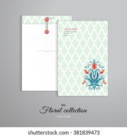 Vector template. Vertical big envelope with buttons. Tulip flower ornament. Moroccan tiles pattern. Curls and leaves.