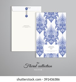 Vector template. Vertical big envelope with buttons. Beautiful floral oriental pattern on striped background. 