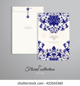 Vector template. Vertical big envelope with buttons. Beautiful floral pattern in chinese style. Watercolor hand drawing background.