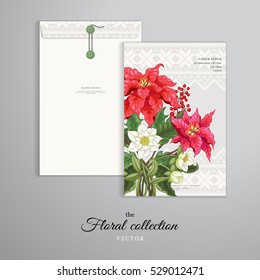 Vector template. Vertical big envelope with buttons. Scandinavian ornament on background. Branches of poinsettia flowers, berries and hellebore. Christmas collection