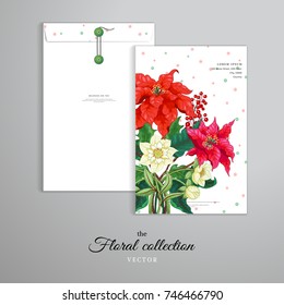 Vector template. Vertical big envelope with buttons. Winter ornament on background. Branches of poinsettia flowers, berries and hellebore